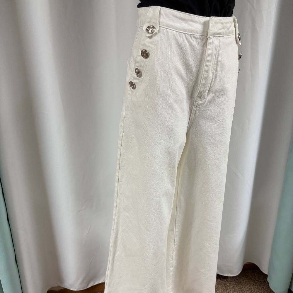 FREE MARKET WHITE DENIM SAILOR PANTS SUPER WIDE LEGS SILVER BUTTONS M